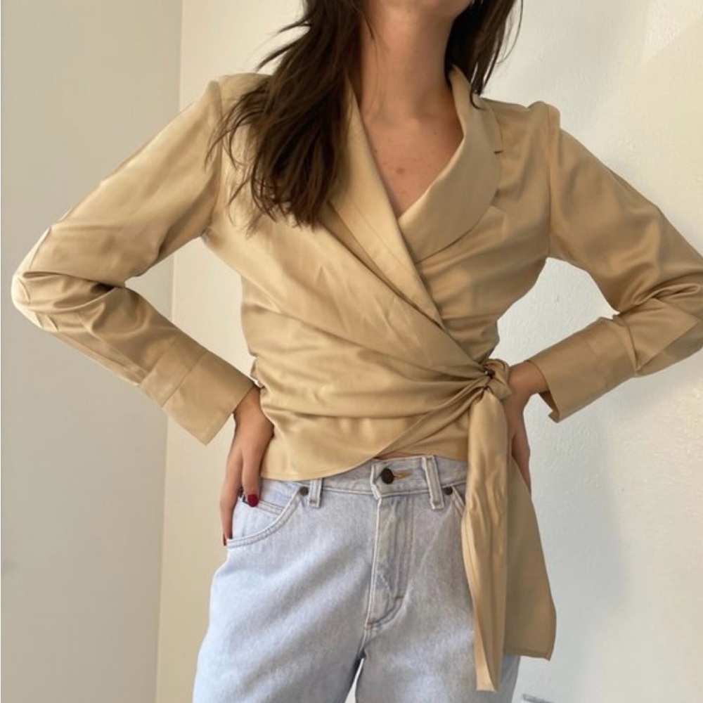 St. Agni Kimono Wrap Blazer Beige Khaki Linen Top Size Small